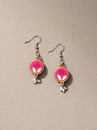 Pink Repurposed Fabric and Wood Flower Earrings