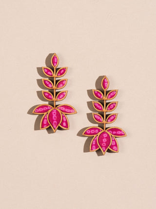 Wood Bandhani Lotus Earrings Pink WHE