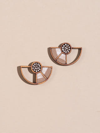 Beige Geometrical Repurposed Fabric and Wood Earring