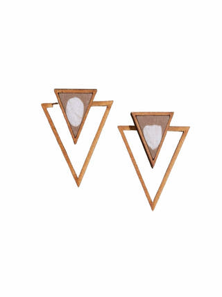 Beige Two Look in One Repurposed Fabric and Wood Triangle Earring