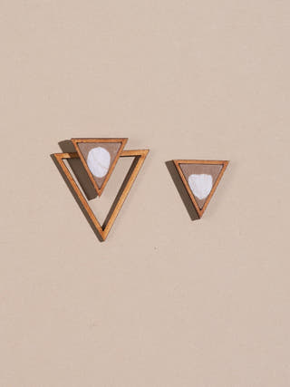 Beige Two Look in One Repurposed Fabric and Wood Triangle Earring