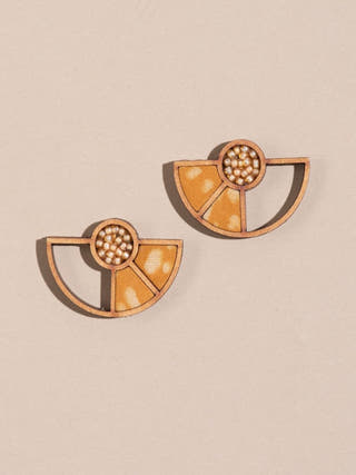 Yellow Geometrical Repurposed Fabric and Wood Earring