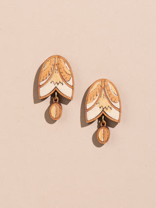 Yellow Brown Bloom Repurposed Fabric and Wood Stud Earrings