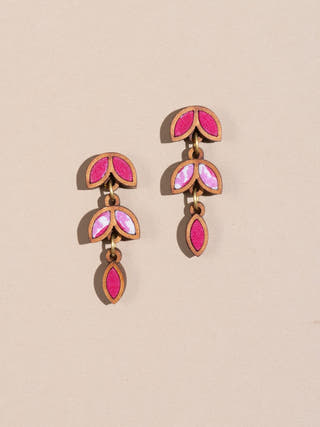 Shades of Pink Bloom Repurposed Fabric and Wood Leaf Dangler