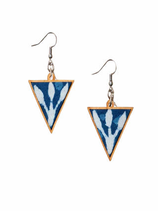 Indigo Repurposed Fabric and Wood Triangular Earrings