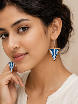 Indigo Repurposed Fabric and Wood Triangular Earrings
