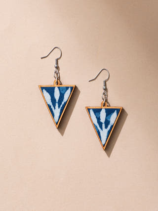 Indigo Repurposed Fabric and Wood Triangular Earrings