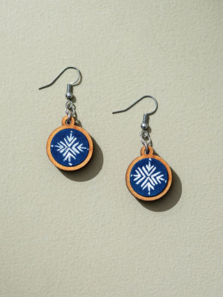 Hand Painted Blue And White Upcycled Fabric Wooden Earrings WHE