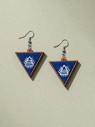 Hand Painted Blue Upcycled Fabric And Repurposed Wood Triangular Earrings WHE