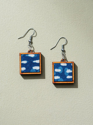 Indigo Upcycled Fabric And Repurposed Wood Square Earrings WHE