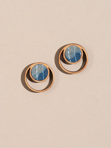 Kantha Batik Wood Stud Earrings Blue