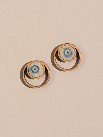 Ajrakh Wood Stud Earrings Bluish Beige