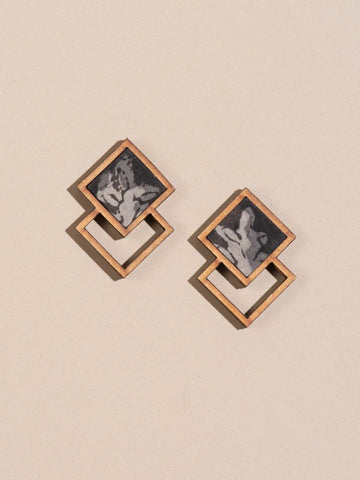 Kalamkari Wood Square Stud Earrings Black And Beige