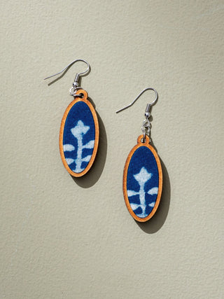 Indigo Upcycled Fabric And Repurposed Wood Oval Earrings WHE