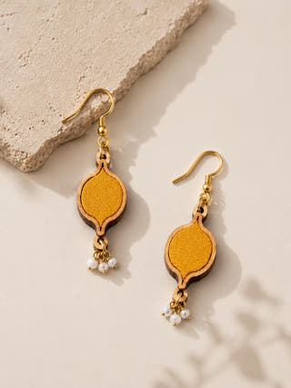 Mustard Festive Repurposed Fabric and Wood Earrings