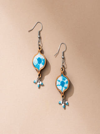 Handcrafted Turquoise Tie and Dye Repurposed Wood and Fabric danglers