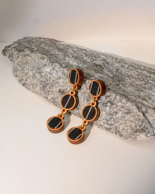 Black Repurposed Fabric and Wood Connecting Round Earrings