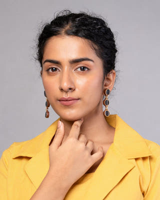 Black Repurposed Fabric and Wood Connecting Round Earrings