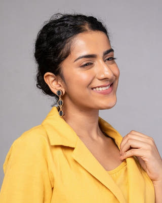 Black Repurposed Fabric and Wood Connecting Round Earrings