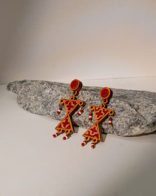 Worli Inspired Maroon Repurposed Fabric and Wood Earrings