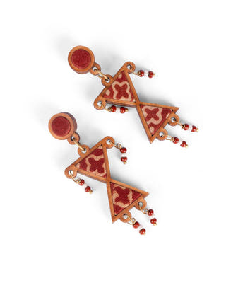 Worli Inspired Maroon Repurposed Fabric and Wood Earrings