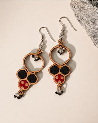 Ajrakh Black Repurposed Fabric and Wood Round Danglers