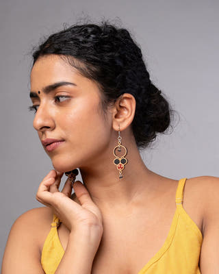 Ajrakh Black Repurposed Fabric and Wood Round Danglers