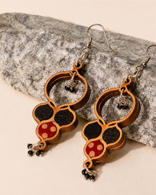 Ajrakh Black Repurposed Fabric and Wood Round Danglers