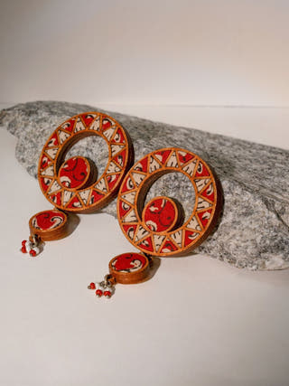 Red Wheel Repurposed Fabric and Wood Earrings