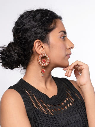 Red Wheel Repurposed Fabric and Wood Earrings