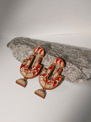 Red Hand-blockprinted Repurposed Kalamkari Fabric and Wood Earrings