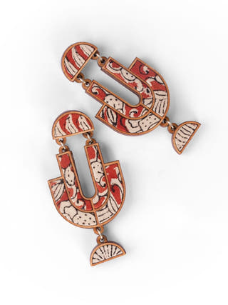 Red Hand-blockprinted Repurposed Kalamkari Fabric and Wood Earrings
