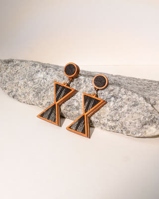 Worli Inspired Black Repurposed Fabric and Wood Earrings