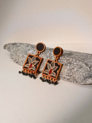 Black Ajrakh Hand Block Printed Repurposed Fabric and Wood Earrings