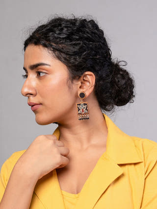 Black Ajrakh Hand Block Printed Repurposed Fabric and Wood Earrings