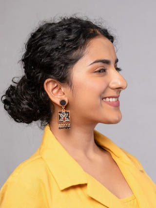 Black Ajrakh Hand Block Printed Repurposed Fabric and Wood Earrings