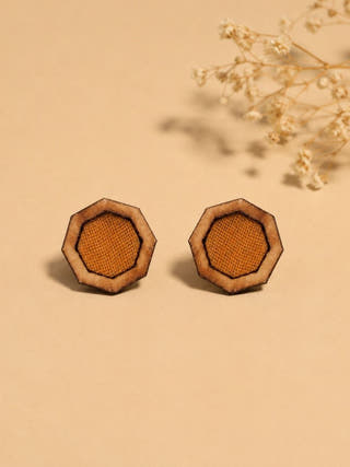 Unisex Mustard Hexagon Repurposed Fabric and Wood Studs