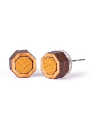 Unisex Mustard Hexagon Repurposed Fabric and Wood Studs