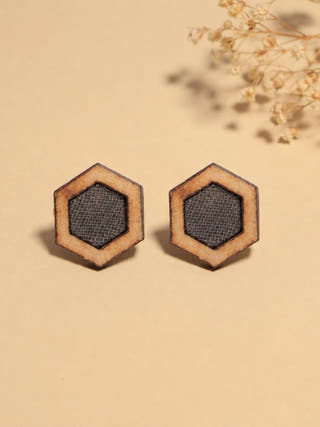 Unisex Grey Hexagon Repurposed Fabric and Wood Stud
