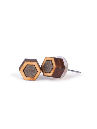 Unisex Grey Hexagon Repurposed Fabric and Wood Stud