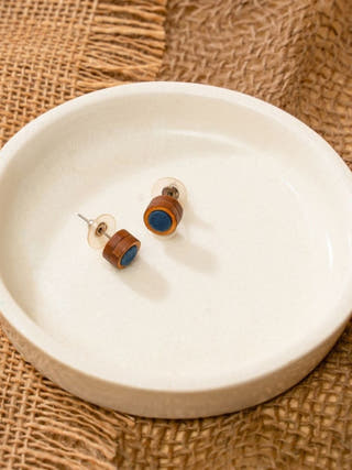 Unisex Blue Round Repurposed Fabric and Wood Studs