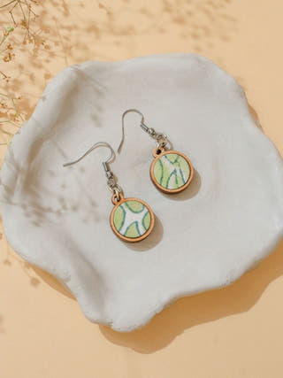 Green Repurposed Fabric and Wood Round Danglers