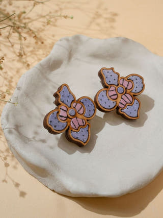 Purple Bloom Repurposed Fabric and Wood Flower Studs