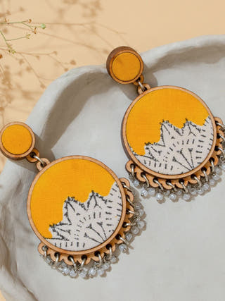 Yellow Fabric and Repurposed Wood Round Danglers