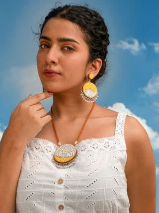 Yellow Fabric and Repurposed Wood Round Danglers