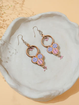 Floral Purple Repurposed Fabric and Wood Round Danglers