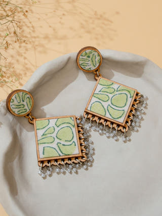 Green Repurposed Fabric and Wood Diamond Earrings