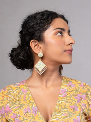 Green Repurposed Fabric and Wood Diamond Earrings