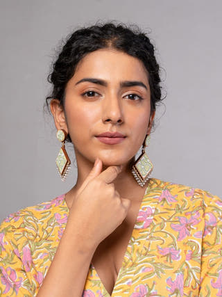 Green Repurposed Fabric and Wood Diamond Earrings