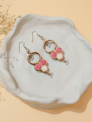 Pink and White Repurposed Fabric and Wood Danglers